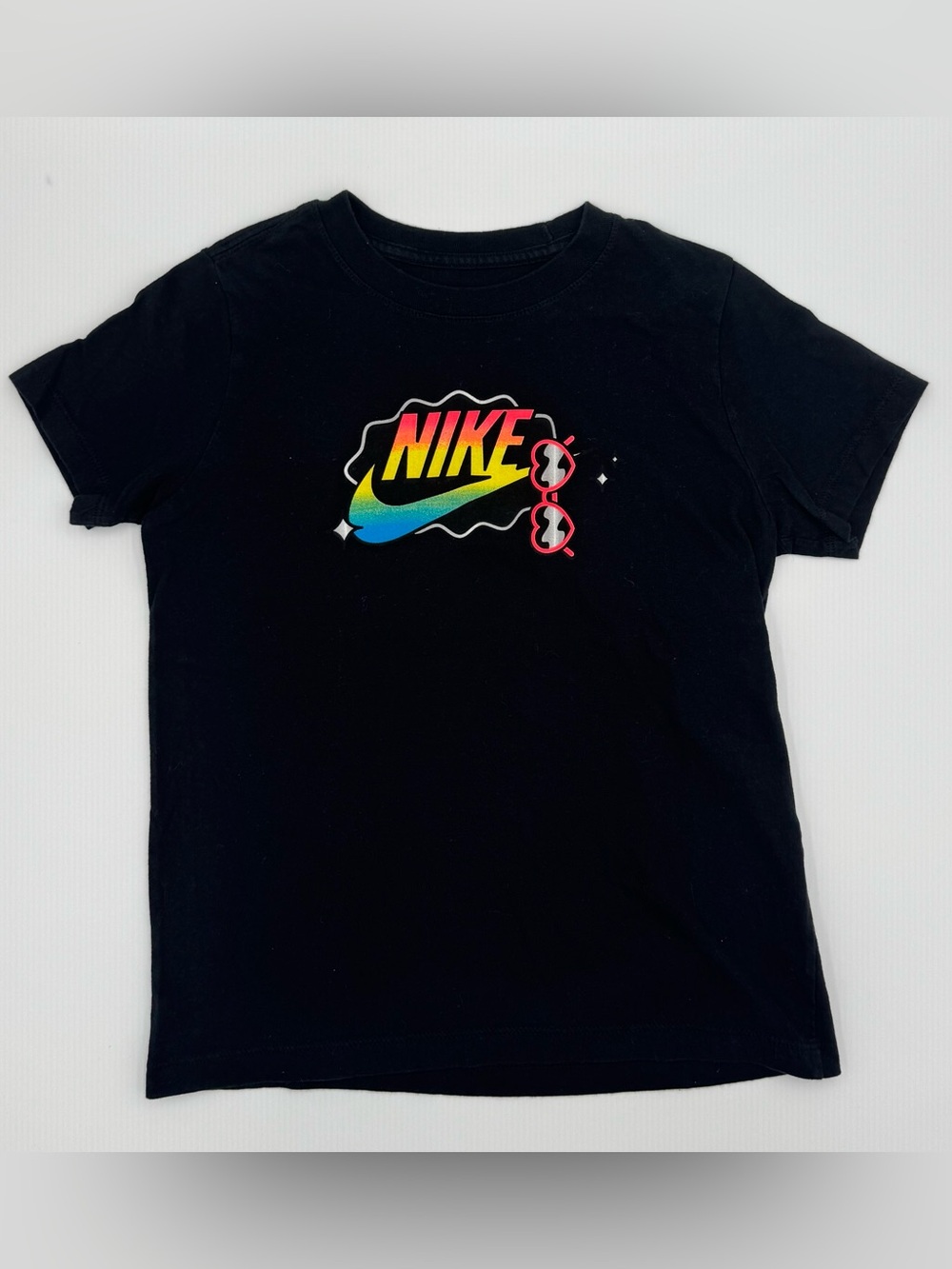 Nike Kids Black Tee with Rainbow Swoosh Logo